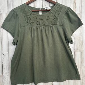Ella Moss Crop Eyelet Blouse Size XL Olive Green Boxy Top Boho Cottagecore EUC